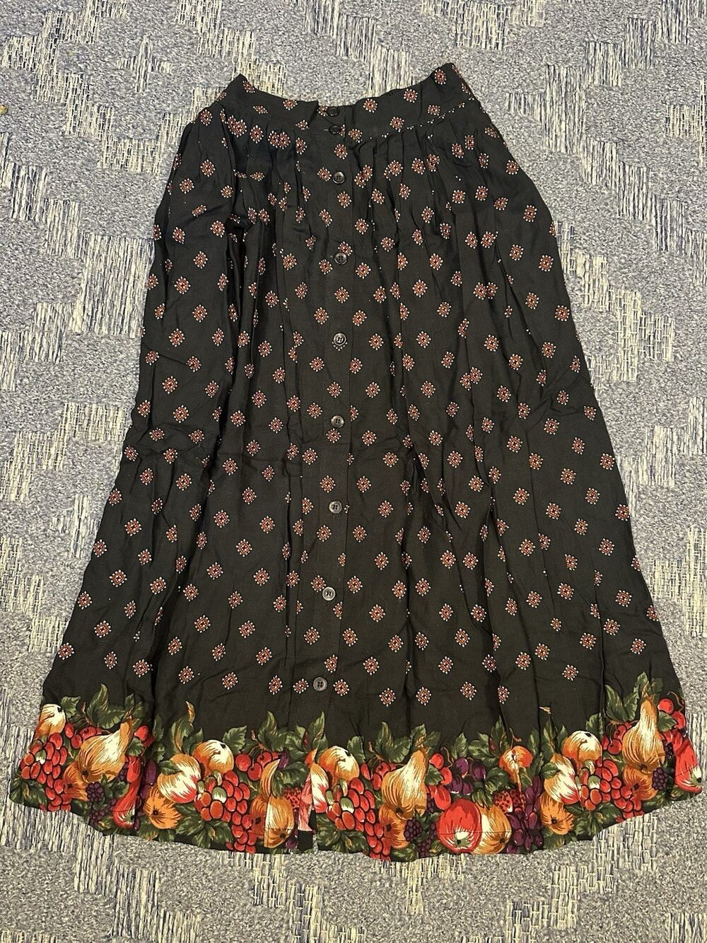 Vintage Midi Skirt Women's Small Pleated Button Front Black Fruit Pattern Rayon